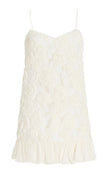 FJØRNA Blanc Rosette-Designed Georgette Mini Dress with delicate rosette details and flowing fabric, perfect for elegant occasions.