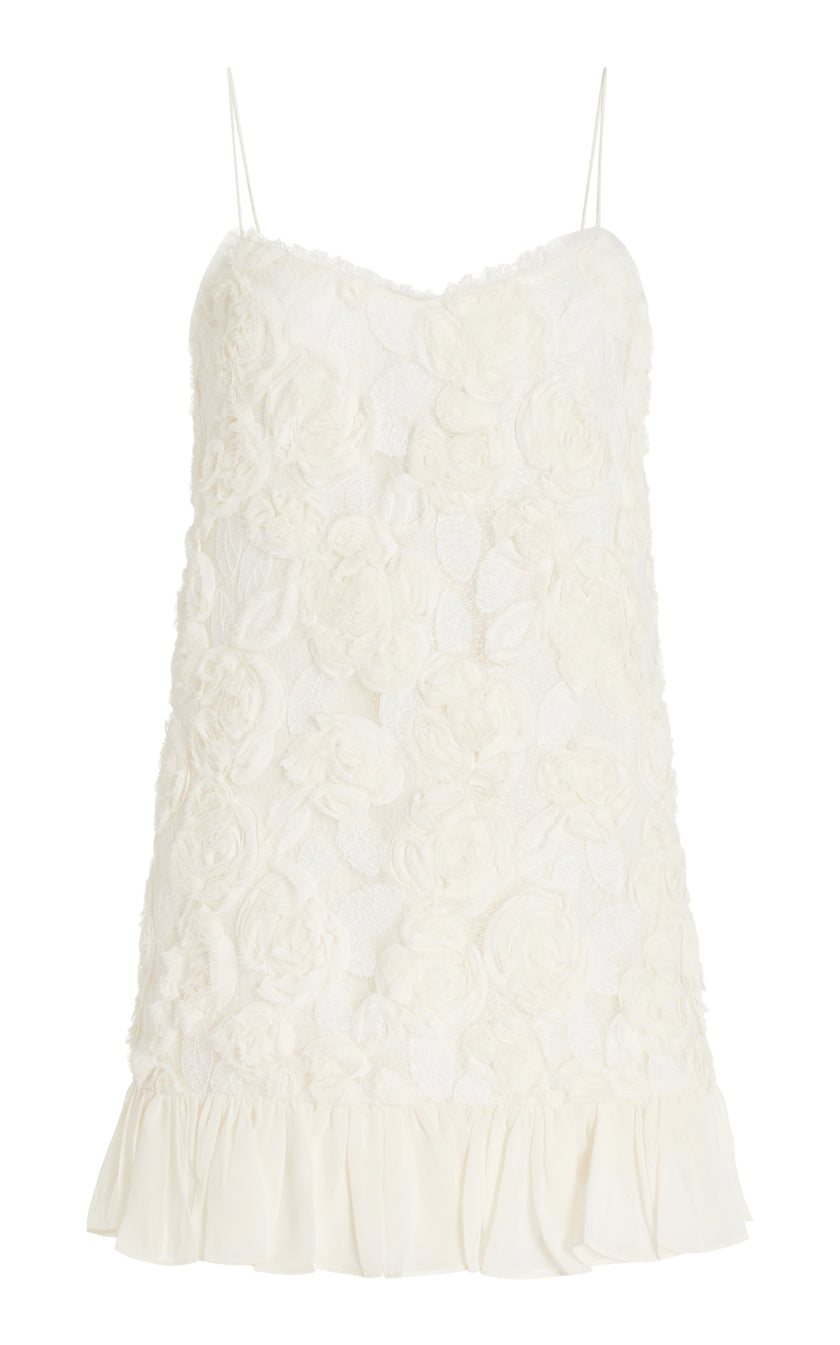 FJØRNA Blanc Rosette-Designed Georgette Mini Dress with delicate rosette details and flowing fabric, perfect for elegant occasions.