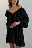 FJØRNA solid color V-neck ruffled ruched long-sleeved vacation mini dress, casual wedding dress with a flattering fit.