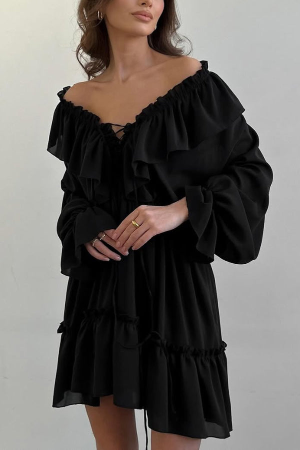 FJØRNA solid color V-neck ruffled ruched long-sleeved vacation mini dress, casual wedding dress with a flattering fit.