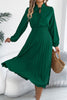FJØRNA solid color long-sleeved fitted waist pleated midi dress with elegant design and tailored silhouette.