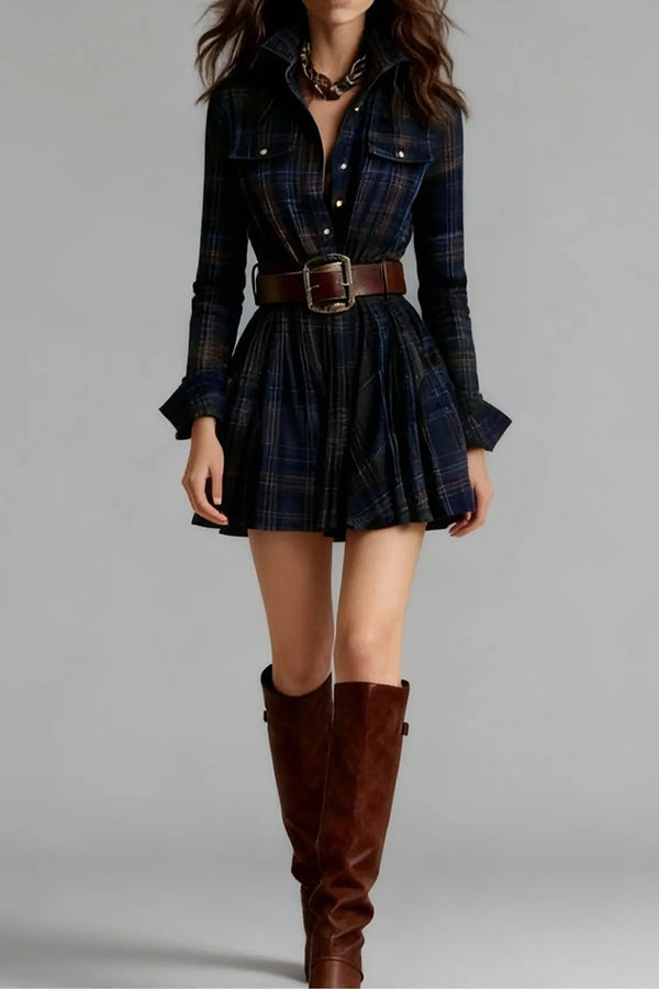 FJØRNA plaid print lapel long sleeve pocket mini dress for women, featuring a stylish plaid pattern and classic design.