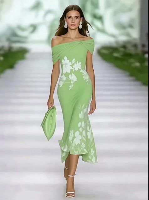 FJØRNA green lace midi dress for women, featuring intricate lace details and a flowing silhouette, perfect for elegant occasions.