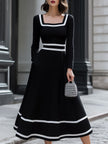 FJØRNA retro black and white contrast square neck midi dress featuring a stylish midi length and vintage-inspired design.