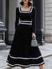 FJØRNA retro black and white contrast square neck midi dress featuring a stylish midi length and vintage-inspired design.