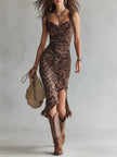 FJØRNA women's leopard print midi dress featuring a fitted silhouette and stylish print, perfect for casual or dressy occasions.