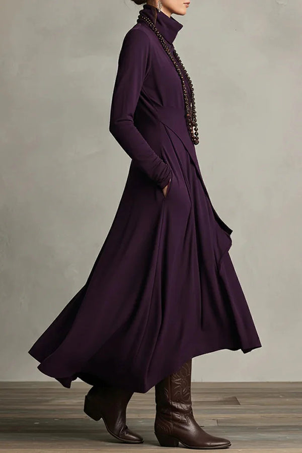 FJØRNA solid color high-neck long-sleeved irregular casual maxi dress, styled with a flowing silhouette and comfortable fit.