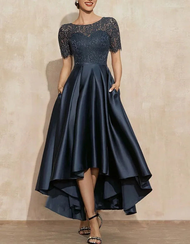 FJØRNA satin midi dress for women, round neck two-piece set with short sleeves, elegant and stylish for special occasions.