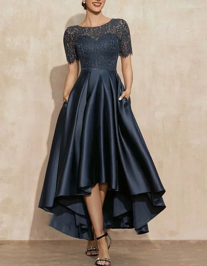 FJØRNA satin midi dress for women, round neck two-piece set with short sleeves, elegant and stylish for formal occasions