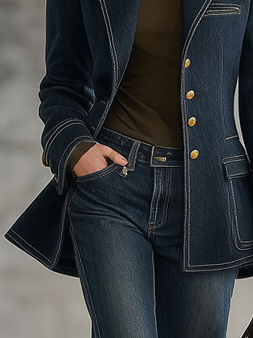 Navy topstitched denim jacket for women by FJØRNA, featuring classic design and detailed stitching, shown on a model.