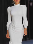 FJØRNA high-neck puff sleeve ruched leather midi dress showcasing a fitted silhouette and stylish design.
