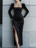 FJØRNA square-neck embellished long-sleeve maxi dress with high slit, elegant evening gown for women, featuring intricate detailing.