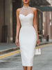 White sheer halter neck midi sheath dress by FJØRNA, featuring a fitted silhouette and elegant design for formal occasions.