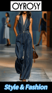 Dark blue denim FJØRNA sleeveless V-neck jumpsuit with wide-leg design, shown hanging on a hanger.