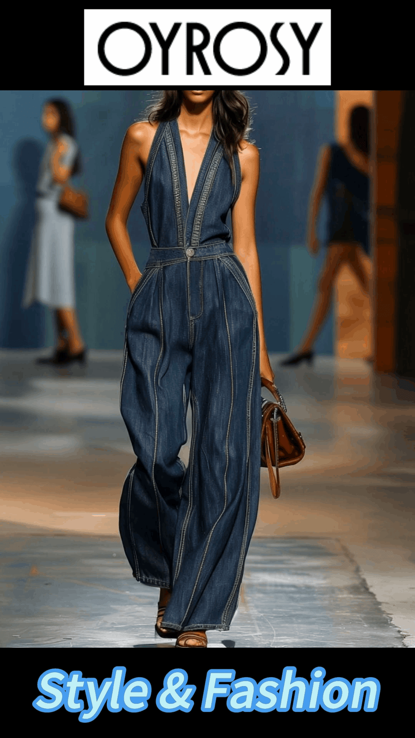 Dark blue denim FJØRNA sleeveless V-neck jumpsuit with wide-leg design, shown hanging on a hanger.