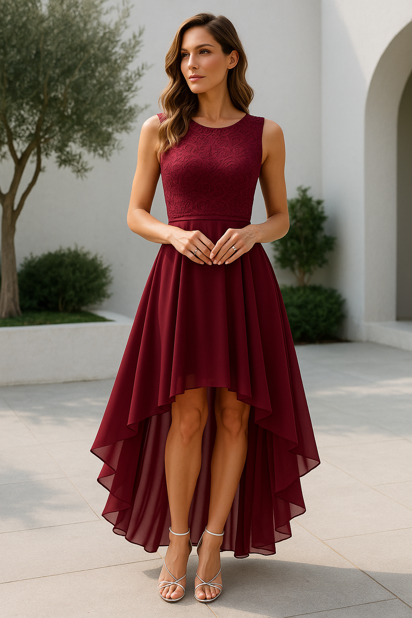 FJØRNA sleeveless high-low midi dress with flowing hem, satin fabric, cowl neck, perfect for women attending weddings or special events.