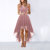 FJØRNA sleeveless high-low midi dress with flowing hem, satin fabric, cowl neck, perfect as a wedding guest dress.