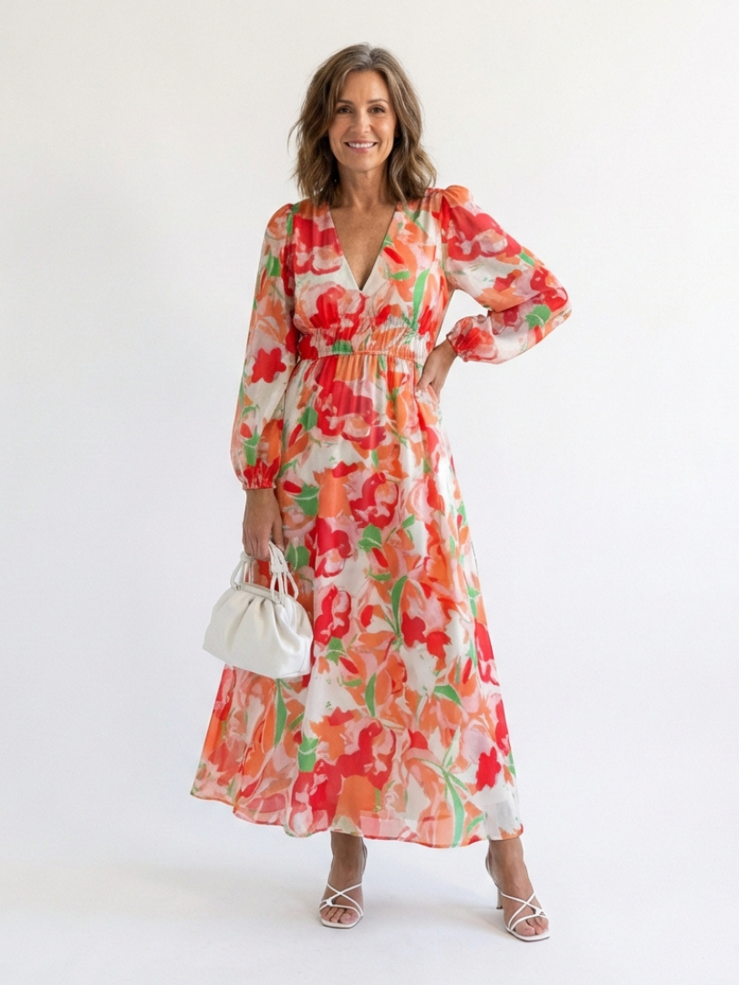 Elegant floral maxi dress for women by FJØRNA featuring long sleeves and a flowing silhouette, perfect for stylish occasions.