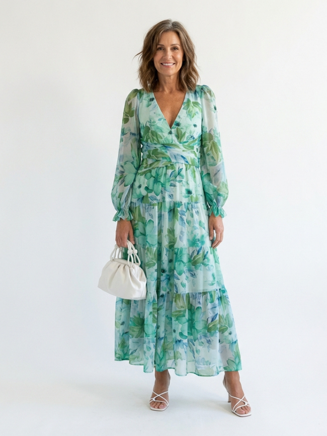 FJØRNA women's floral maxi dress with long sleeves, elegant design, flowing fabric, perfect for dressy or casual occasions.