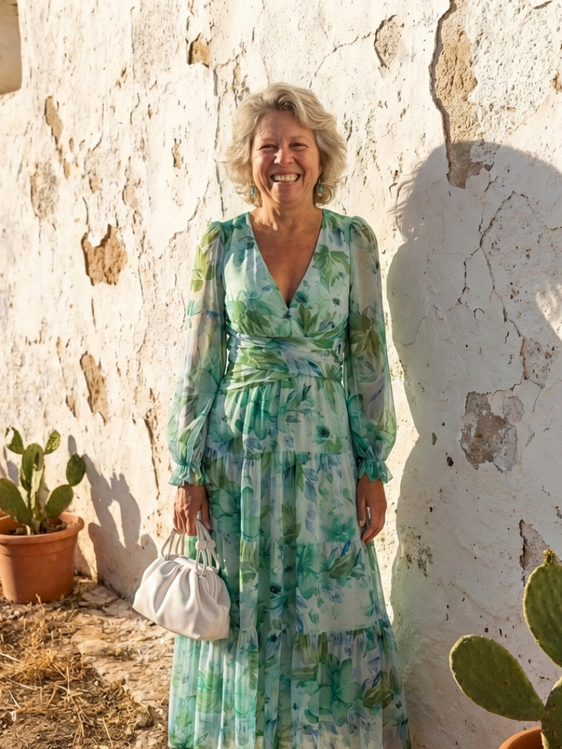 FJØRNA women's floral maxi dress with long sleeves, elegant design, flowing fabric, perfect for stylish occasions.
