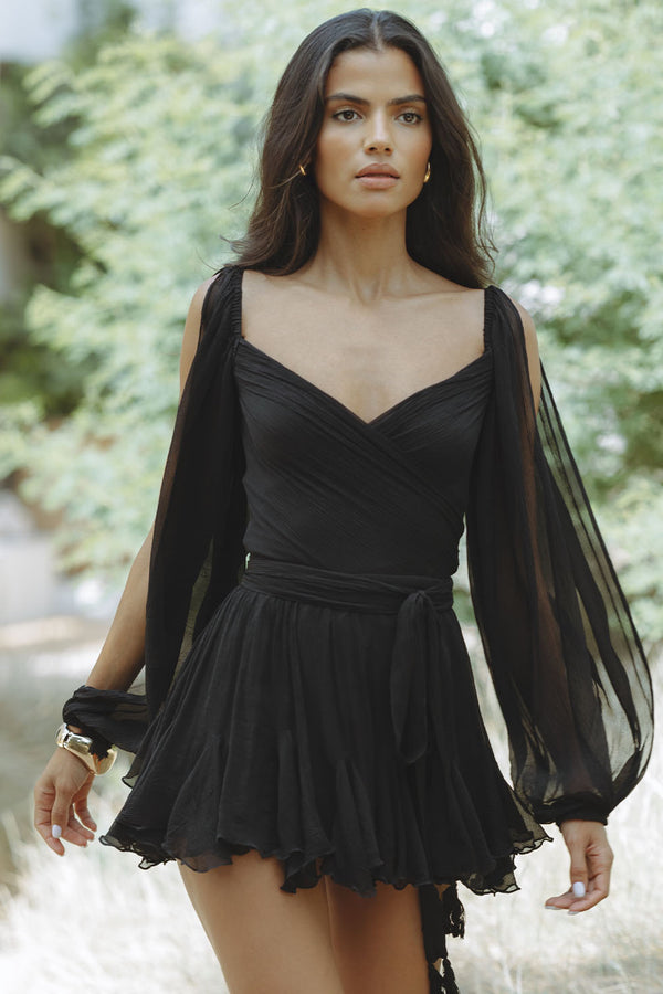 FJØRNA Amelie satin slip mini dress for women, shown in a sleek satin fabric with a fitted silhouette and elegant design.