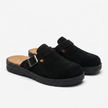 FJØRNA men's PU leather mule clogs with buckle strap, slip-on casual flat shoes shown at an angle.