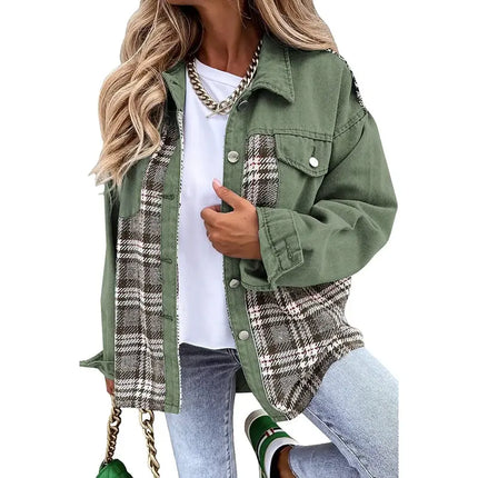 Annika | Premium Vegan Denim Long-Sleeved Checked Jacket with Buttons