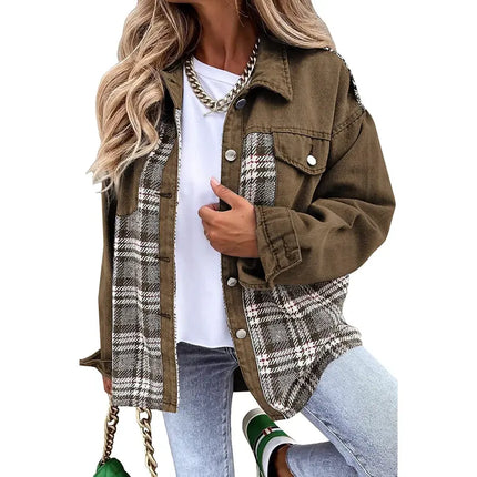 Annika | Premium Vegan Denim Long-Sleeved Checked Jacket with Buttons
