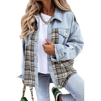 Annika | Premium Vegan Denim Long-Sleeved Checked Jacket with Buttons