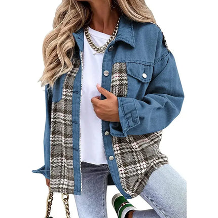 Annika | Premium Vegan Denim Long-Sleeved Checked Jacket with Buttons