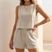 Apricot linen two-piece summer co-ord set for women by FJØRNA, featuring a cropped top and matching high-waisted shorts.