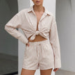 Apricot striped summer two-piece women's co-ord set with drawstring waist from FJØRNA, featuring a matching top and shorts.