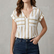Apricot striped women's summer blouse with V-neck from FJØRNA, casual top perfect for warm weather.