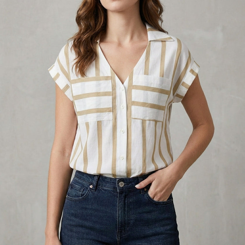 Apricot striped women's summer blouse with V-neck from FJØRNA, casual top perfect for warm weather.