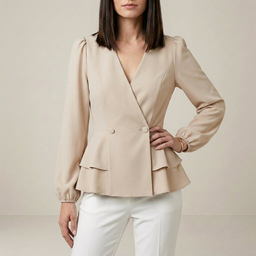 Apricot FJØRNA women's V-neck long sleeve denim wrap blouse, stylish summer top with elegant design and comfortable fit.