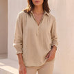 Apricot V-neck long sleeve linen blouse for women by FJØRNA, showcasing a stylish summer top with a relaxed fit.