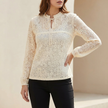 Apricot fitted sheer lace blouse with ruffled tie-neck and floral detailing, women's top by FJØRNA.