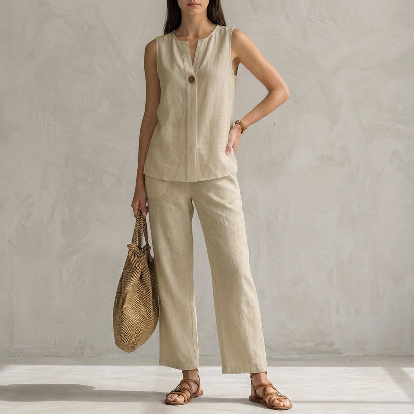 Apricot FJØRNA minimalist sleeveless V-neck vest and flowing wide-leg pants 2-piece set on a model.