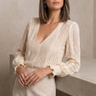 Apricot V-neck long sleeve lace summer blouse for women by FJØRNA, featuring a stylish and lightweight design.