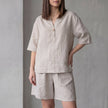 FJØRNA oversized apricot woven two-piece set with V-neck shirt and high-waist shorts, casual and stylish summer outfit