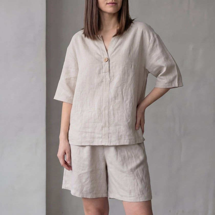 FJØRNA oversized apricot woven two-piece set with V-neck shirt and high-waist shorts, casual and stylish summer outfit