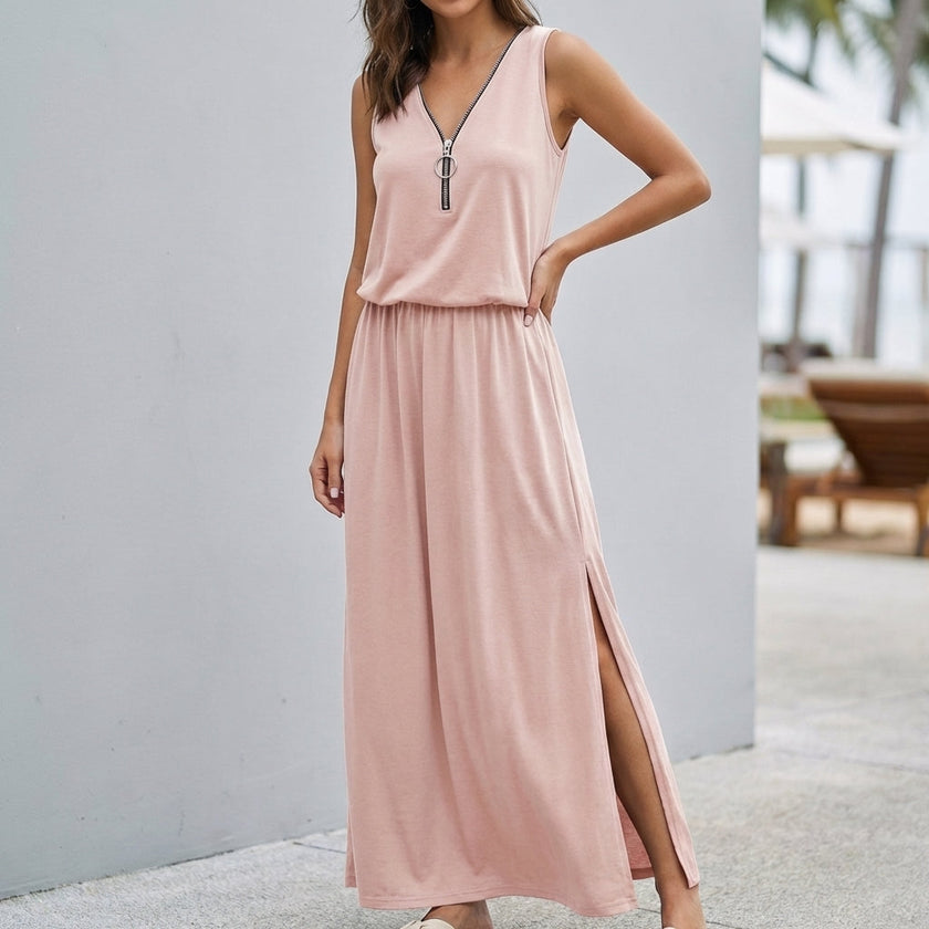 Apricot relaxed fit sleeveless V-neck maxi dress for women by FJØRNA, flowing fabric and casual style perfect for warm weather.