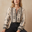 Apricot print V-neck summer blouse for women by FJØRNA, featuring lightweight fabric and stylish design.