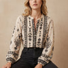 Apricot print V-neck summer blouse for women by FJØRNA, featuring lightweight fabric and stylish design.