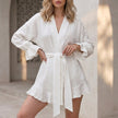 FJØRNA airy white kimono two-piece set with flowing ruffle shorts, lightweight and stylish for casual summer wear.