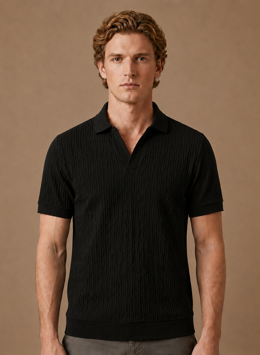Men's luxury knit polo shirt by FJØRNA, soft textured summer polo featuring breathable fabric and stylish design.