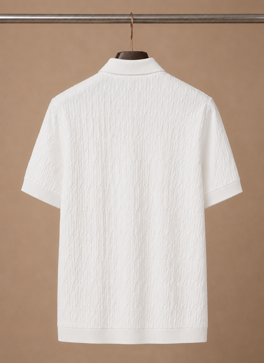 Men's luxury knit polo shirt by FJØRNA, soft textured and breathable summer polo in a stylish design.