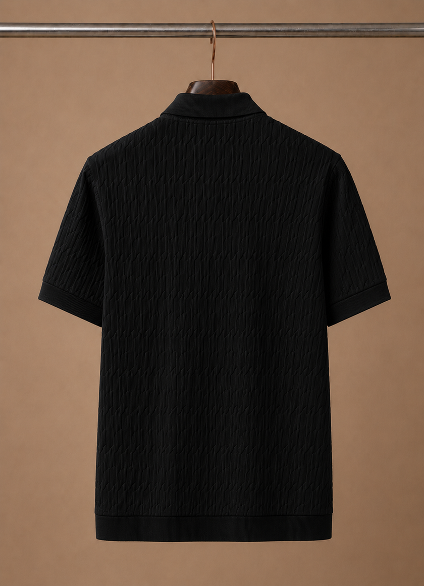 Men's luxury knit polo shirt by FJØRNA, soft textured breathable summer polo for stylish comfort.