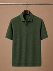 Men's luxury knit polo shirt by FJØRNA, soft textured fabric, breathable summer polo for stylish comfort.