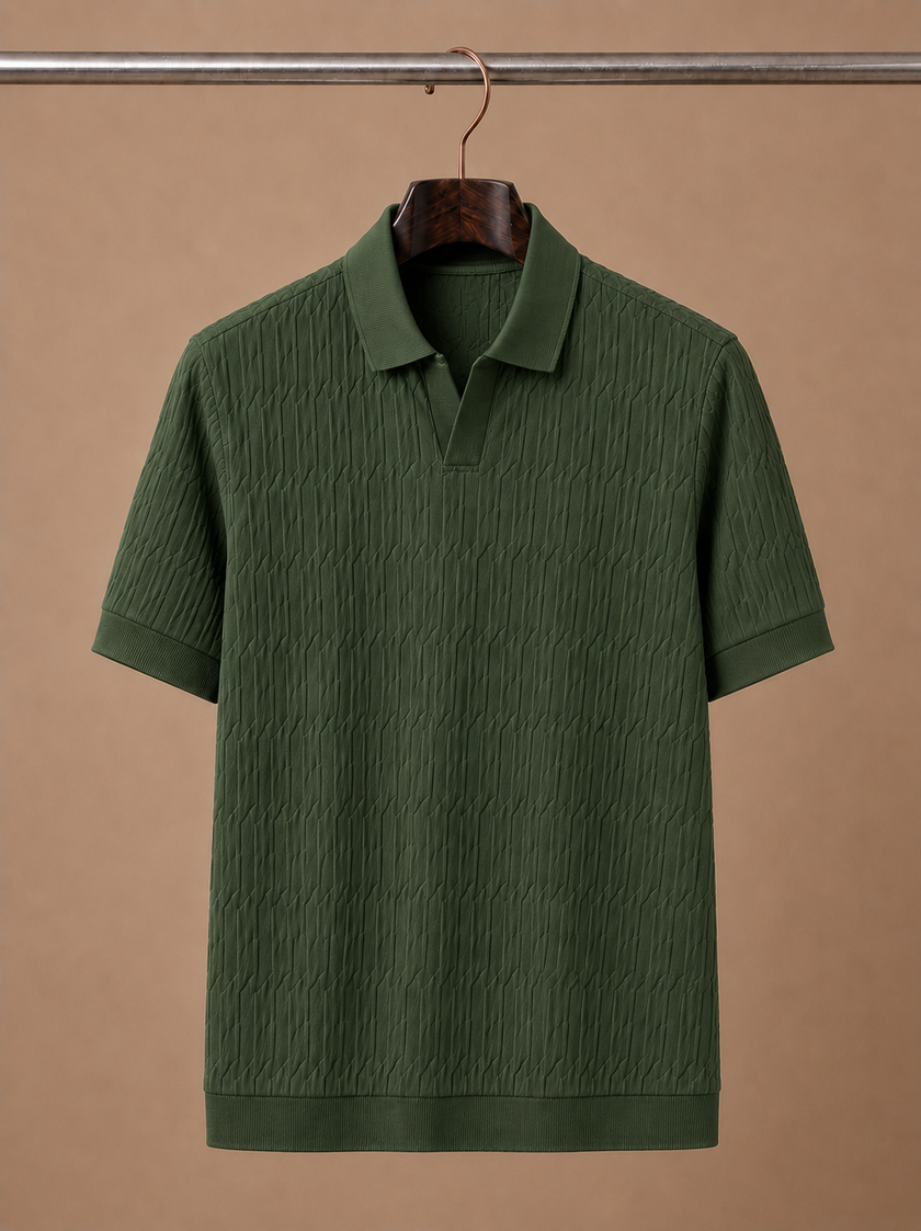 Men's luxury knit polo shirt by FJØRNA, soft textured fabric, breathable summer polo for stylish comfort.